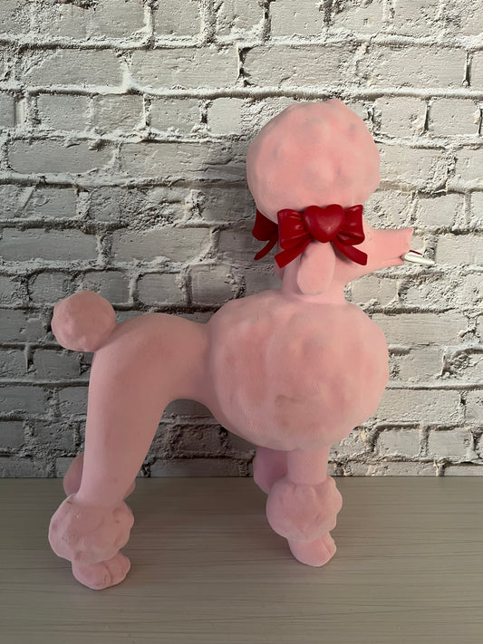 Vintage-Inspired Valentine’s Flocked Pink Poodle with Bows, Hearts, and Love Letter