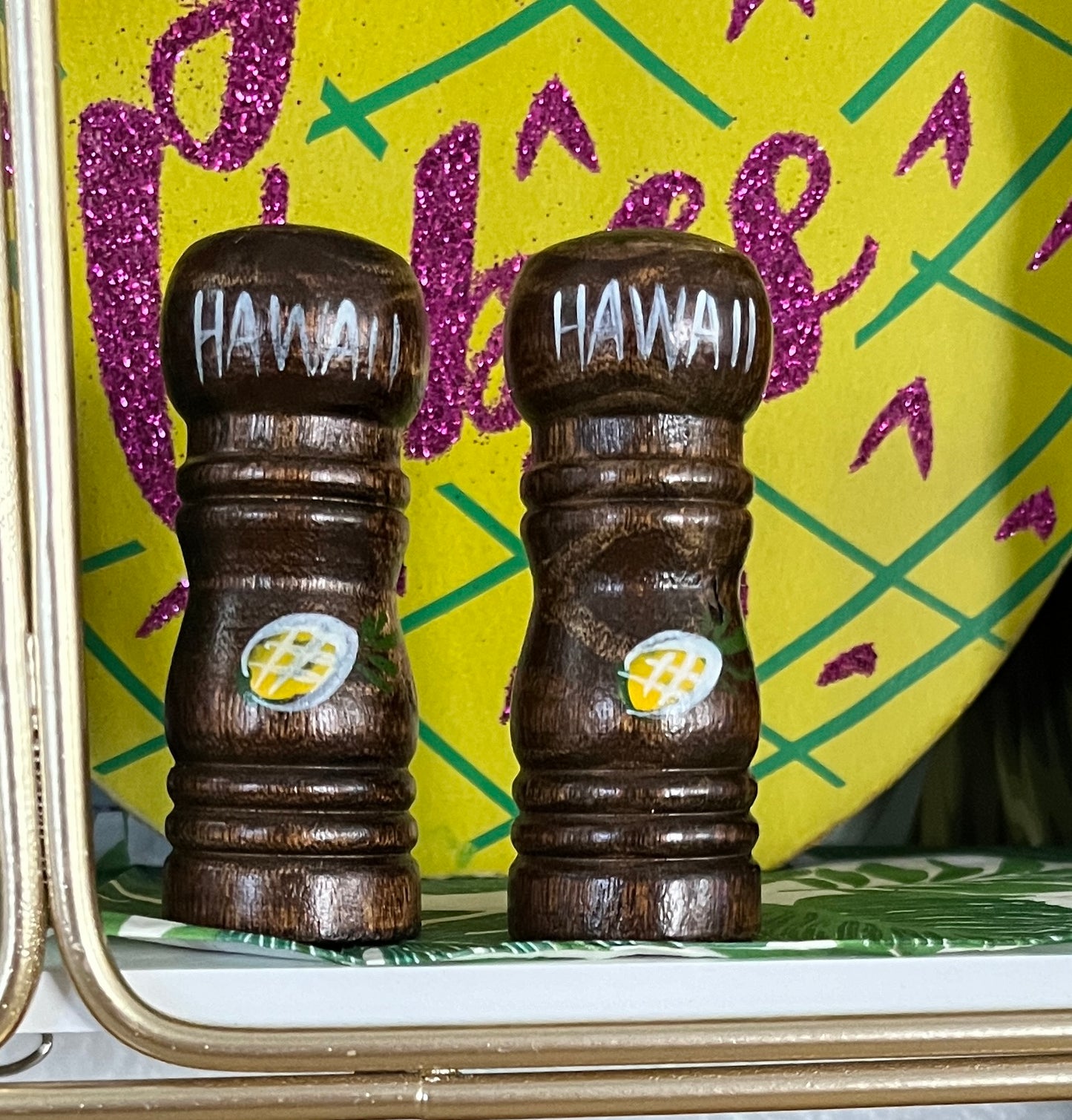 Aloha Tiki Islands Vintage Kitschy Souvenir Ebony Wooden Salt & Pepper Shakers with Pineapple Design