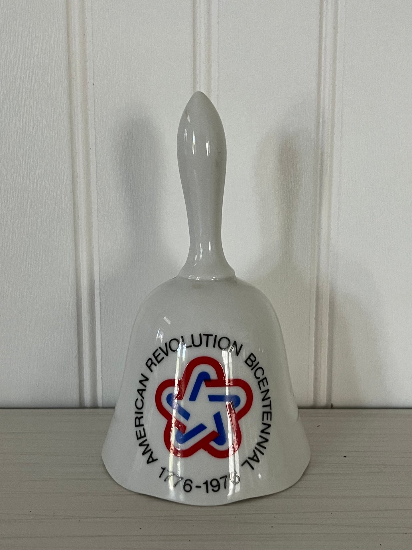 Vintage 70s American Revolution Bicentennial Porcelain Collectors Bell - Red White Blue Flag Design 1776-1976