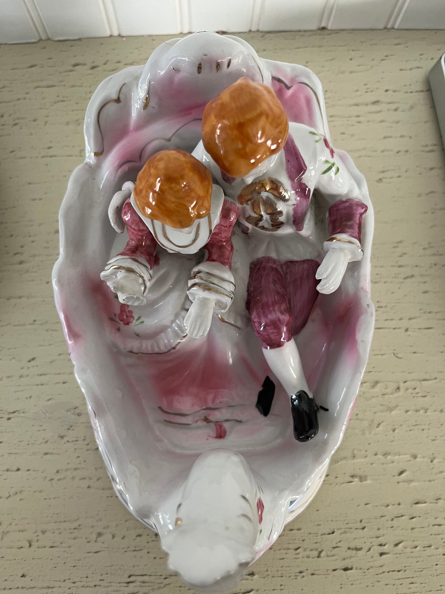 Mid Century Vintage Mirtex Porcelain Swan Boat with Victorian Couple - Pink, Blue, and Opulent White with Gold Accents