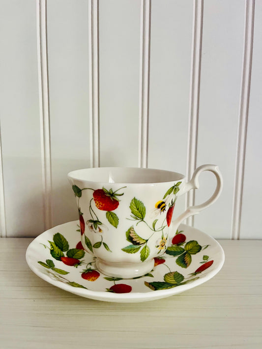 Circa 2000 English Bone China Alpine Strawberry Footed Teacup & Saucer by Roy Kirkham