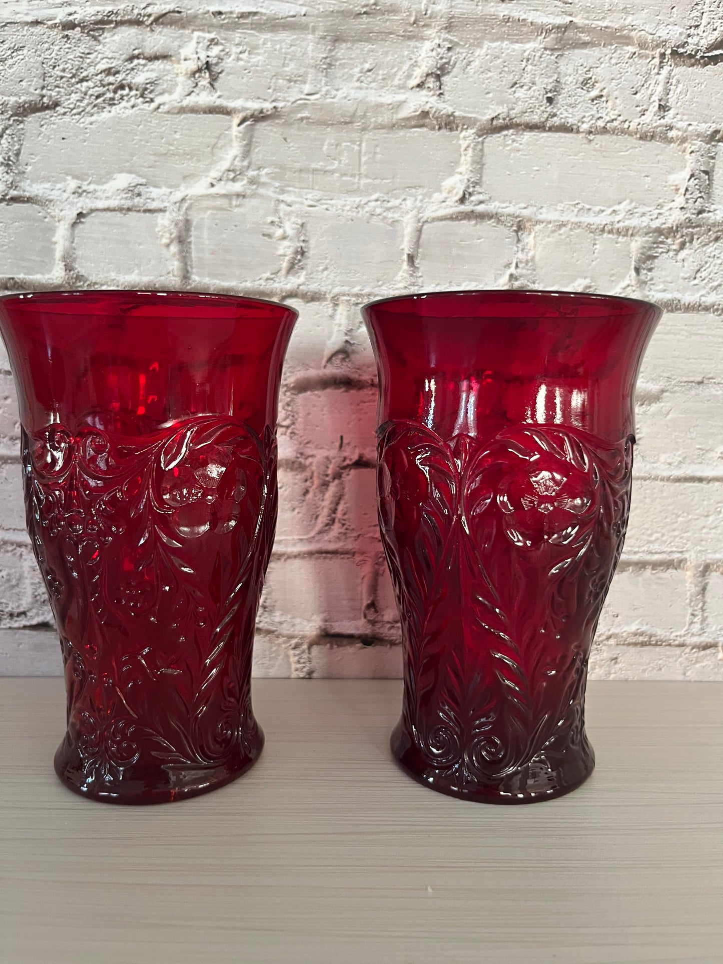 2 McKee Rock Crystal Ruby Red Depression Glass Tumblers with Embossed Floral Design