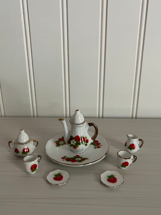 Dollhouse Tea Cup Party Set 1:6 Scale Miniature Porcelain Dollhouse Accessories - 8PCS Strawberry Flower Pattern Teapot Platter Dish Set