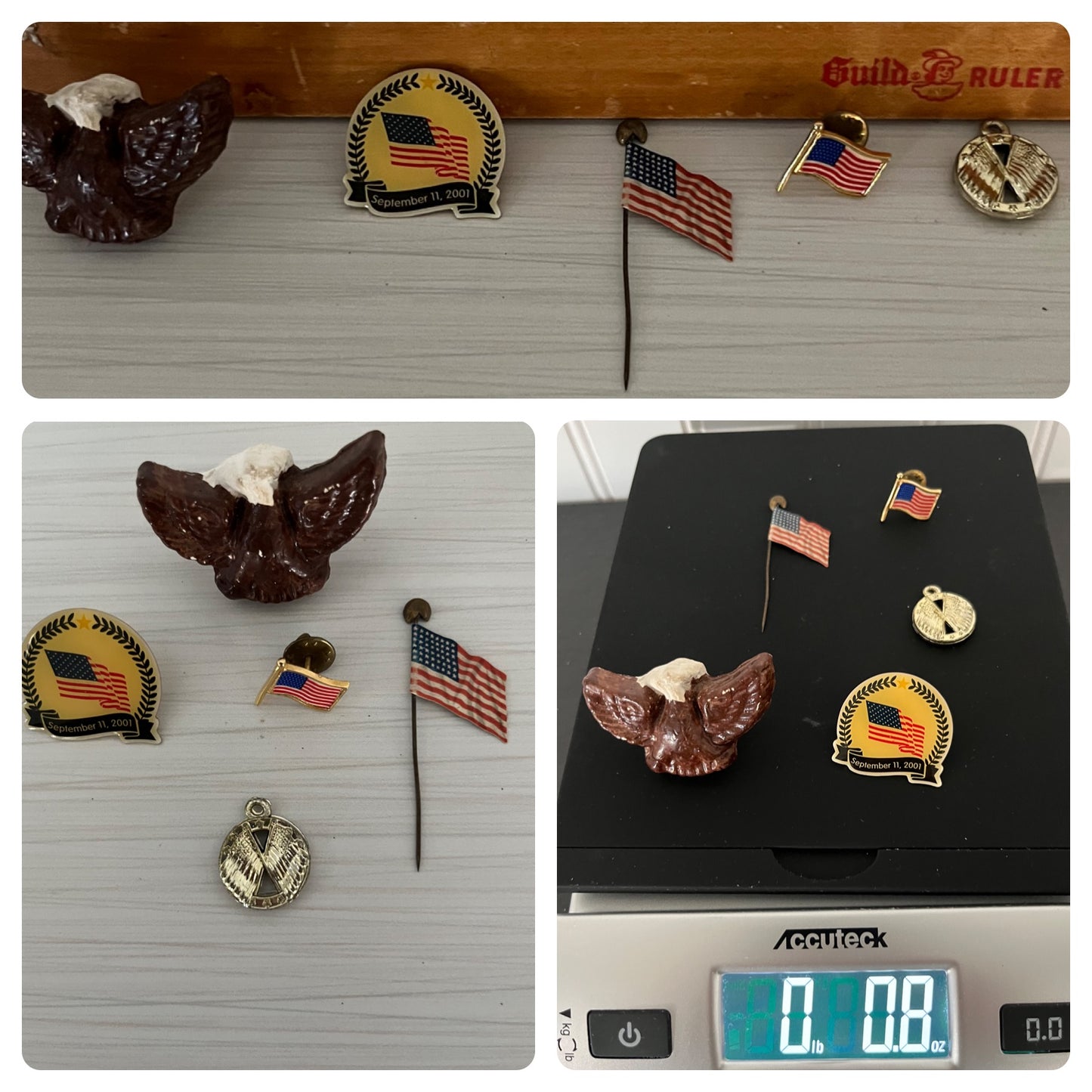 Curated Collection of Vintage and Patriotic Memorabilia: American Flag Pins, Boy Scouts Slide, and More