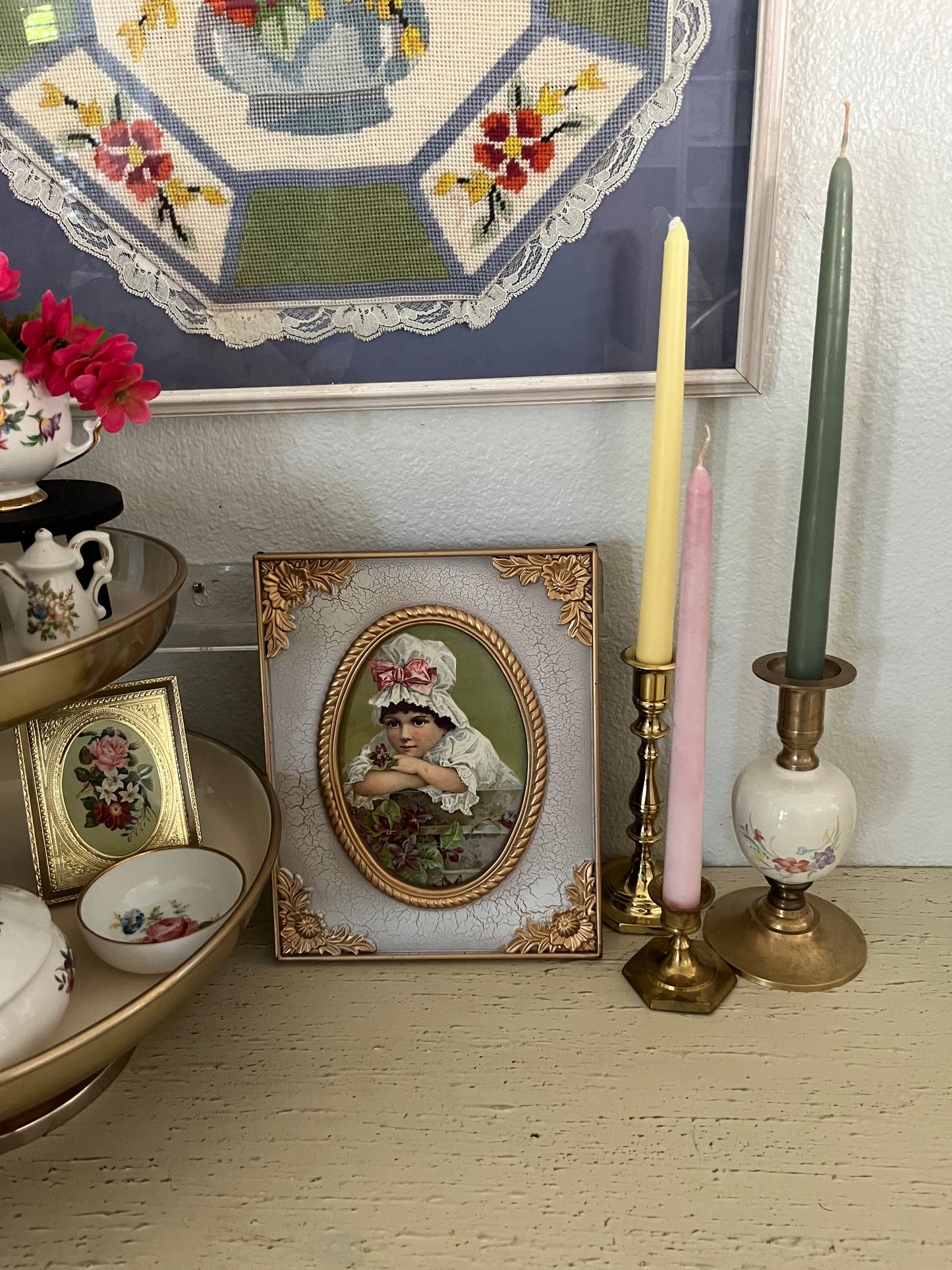 1880s-90s Style Young Girl in White Dress Mob Cap Bonnet with Pink Ribbon Art Print in Vintage Decorative White/Gold Plastic Frame