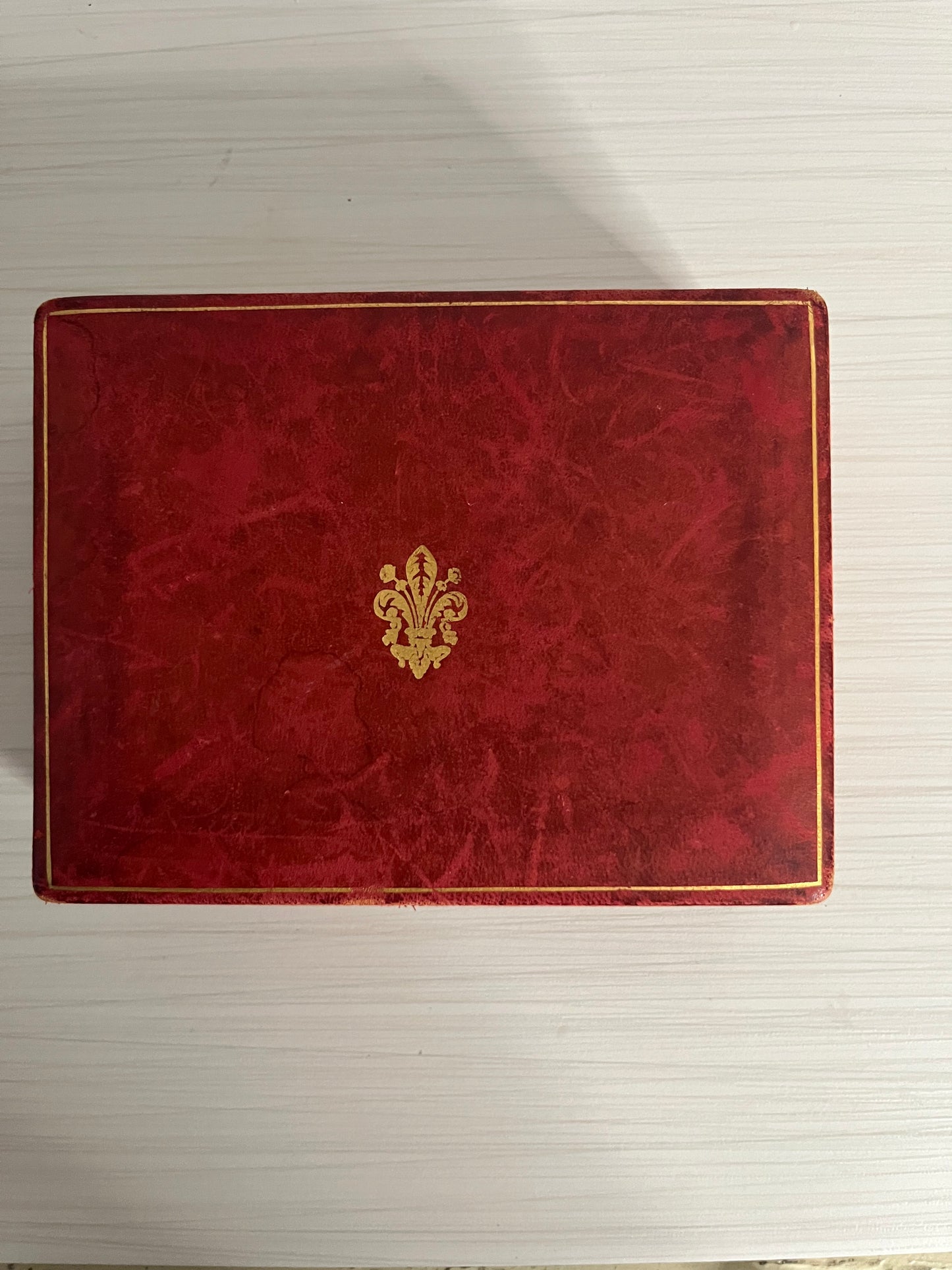 1940s Antique Red Leather Wooden Box with Gold Fleur-de-Lis –