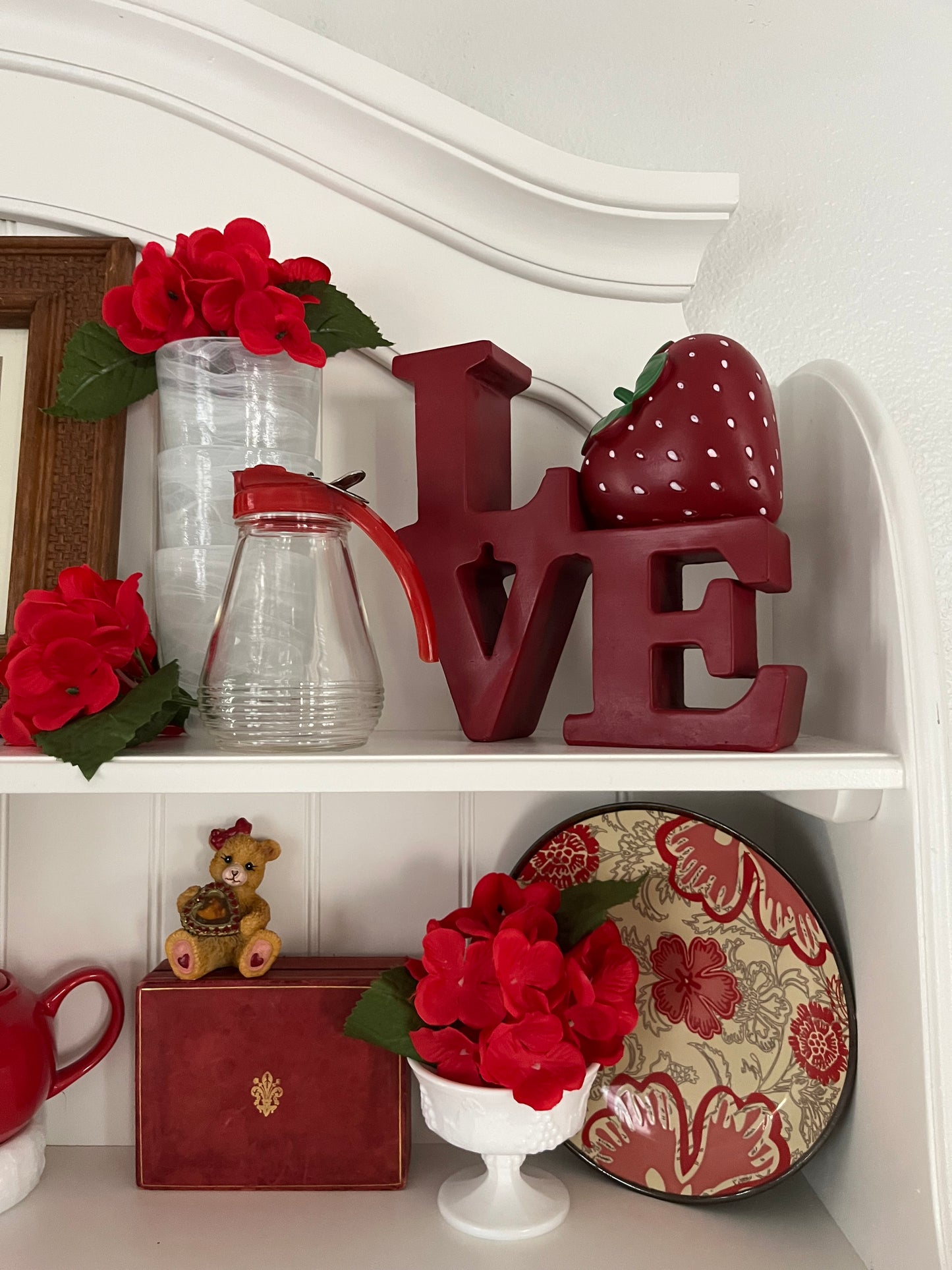 1940s Antique Red Leather Wooden Box with Gold Fleur-de-Lis –