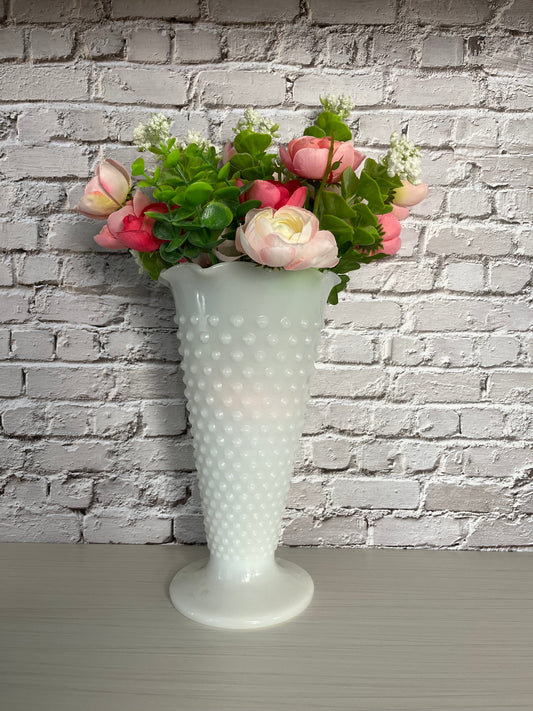 MCM Anchor Hocking Hobnail Milk Glass Trumpet Flower Vase