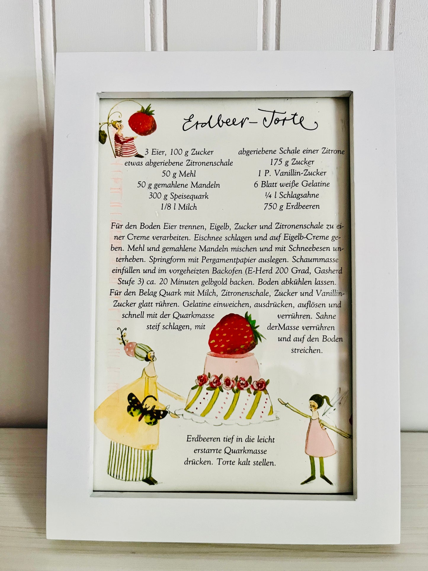 White Framed Erdbeer Torte Recipe Postcard - German Strawberry Cake, 5” x 7”, Unique Decor