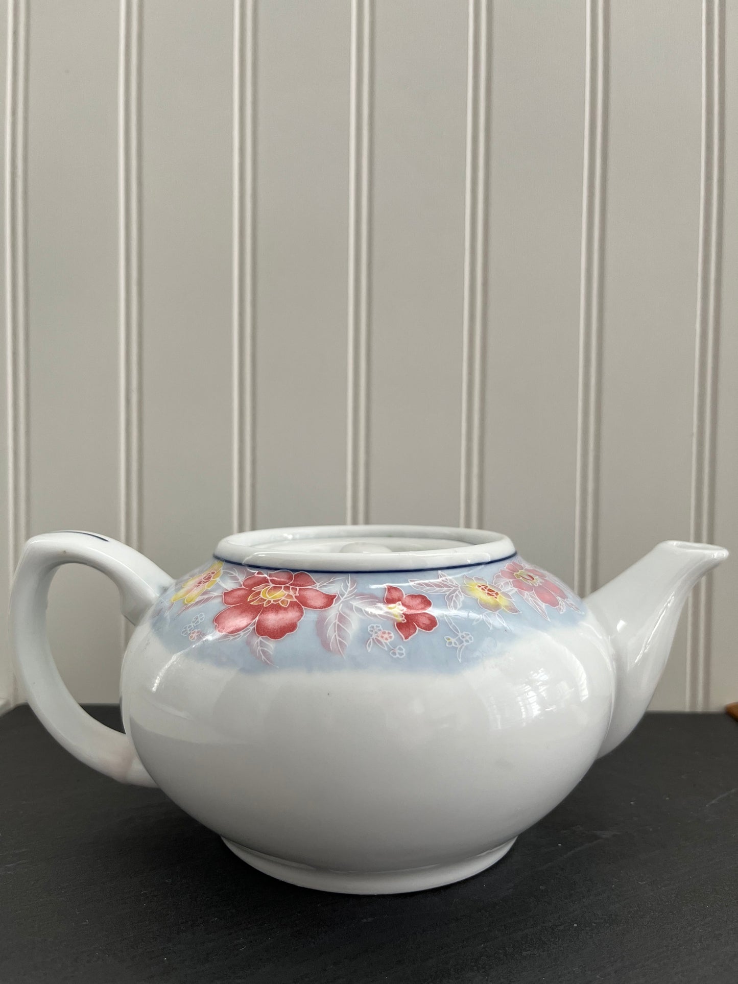 Vintage  LHONG TAO Pink, Yellow, Blue Floral Print Porcelain Tea Pot with Flat Lid