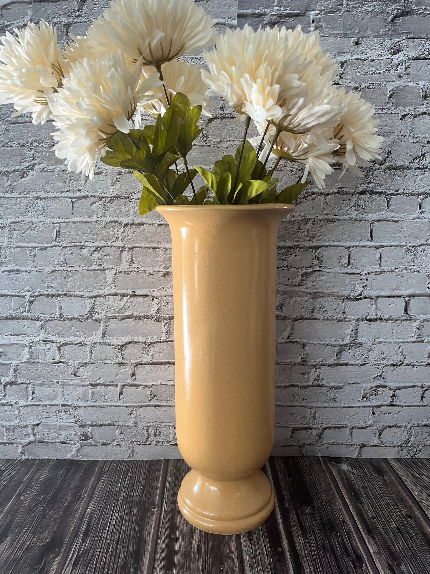 1960’s Bronislaw Wolanin 15” Apricot Yellow Cylinder Vase with Scalloped Pedestal Base – Exclusive Boleslawiec Pottery Design