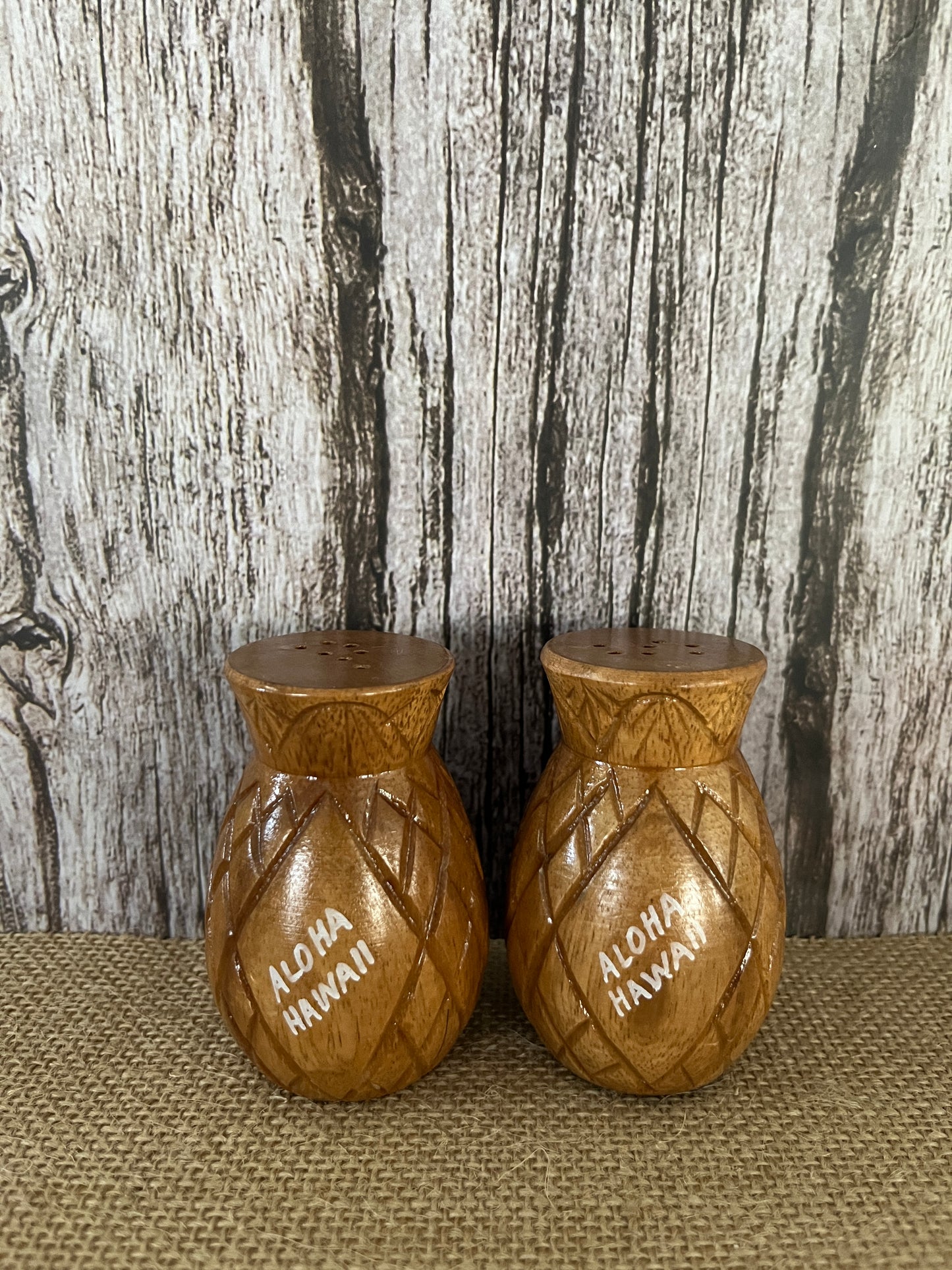 Hawaiian Kitsch Souvenir Tiki Bar Salt and Pepper Shakers with Pineapple Carved Wood Design