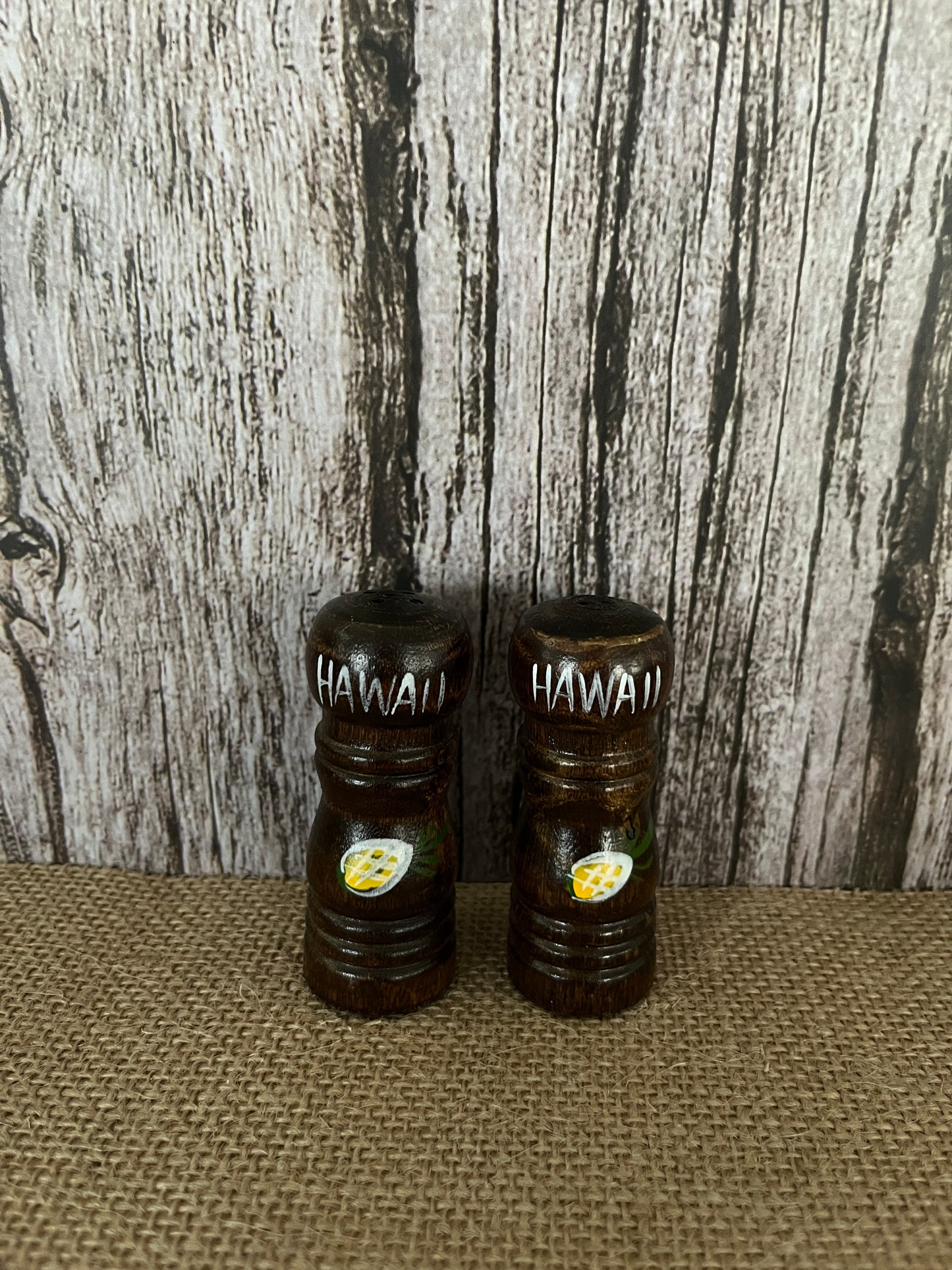 Aloha Tiki Islands Vintage Kitschy Souvenir Ebony Wooden Salt & Pepper Shakers with Pineapple Design