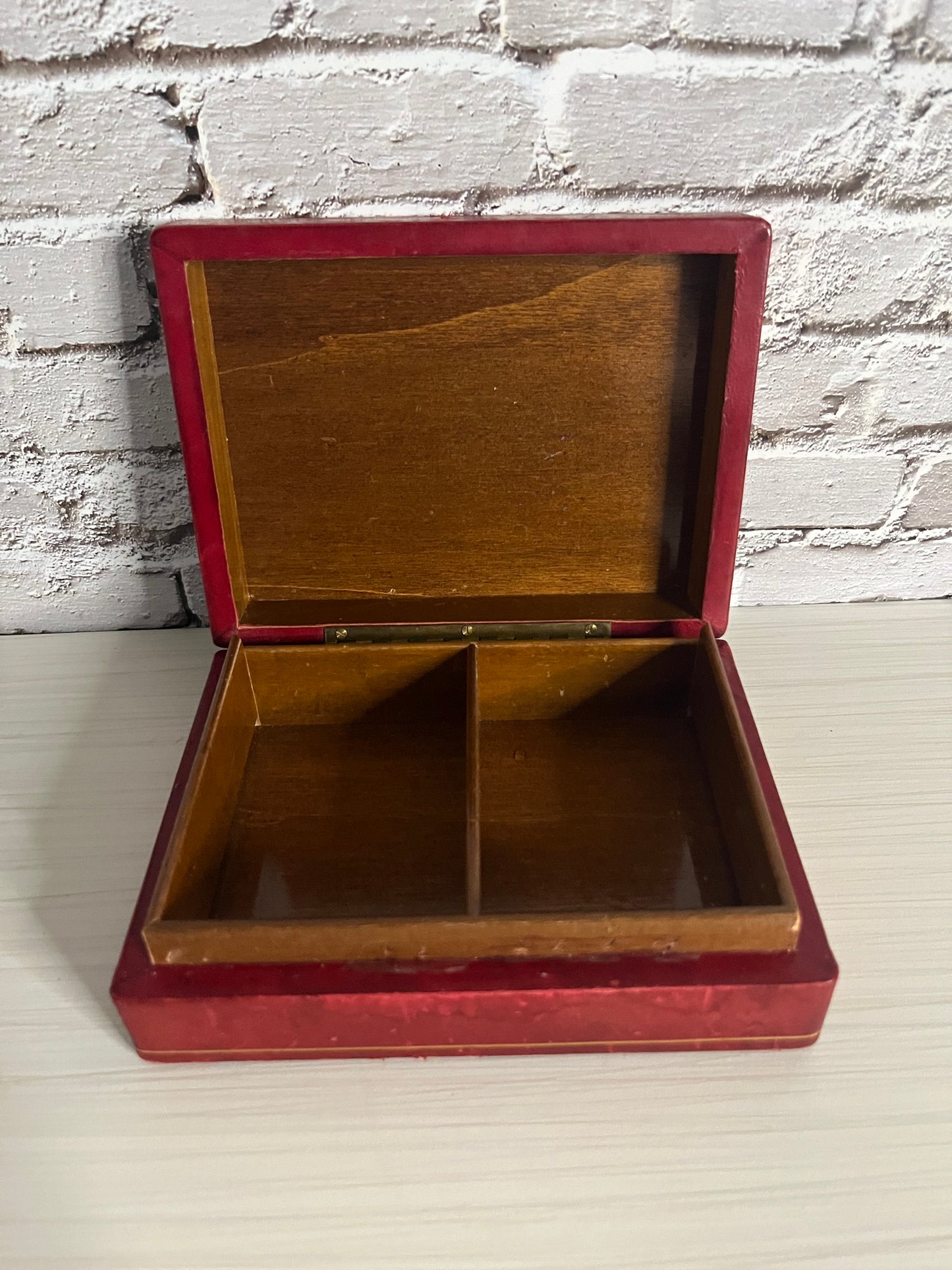 1940s Antique Red Leather Wooden Box with Gold Fleur-de-Lis –