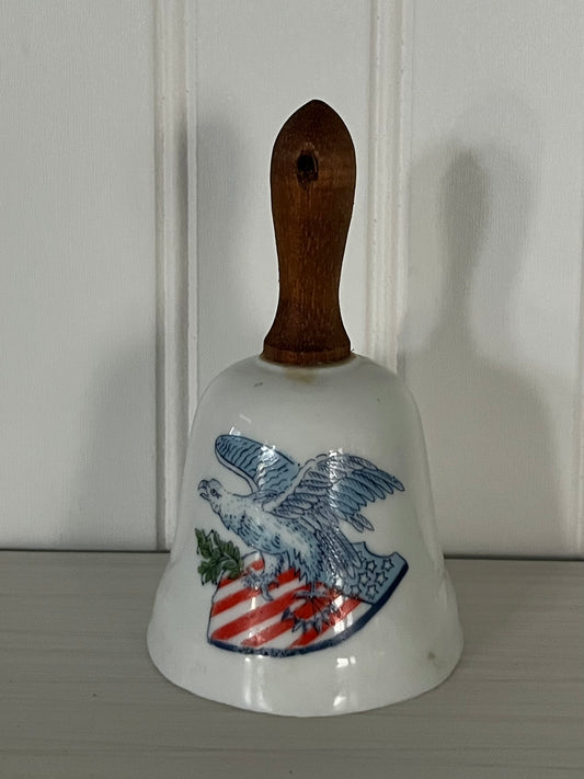 Vintage Enesco Ceramic Liberty Bell with Wooden Handle - U.S. Flag & Eagle Design - 5” Height - Made in Japan