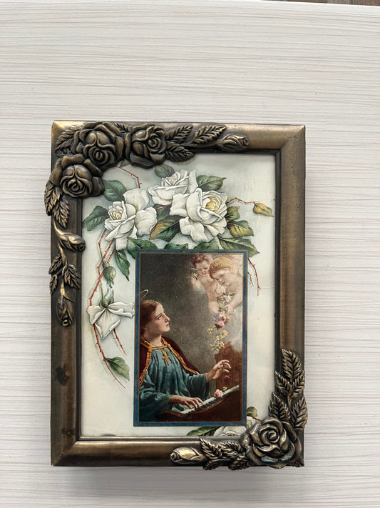 Vintage 1915 Easter Embossed Post Card: Lady with Two Cherubs giving her flowers, in Metal Flower Sculptured frame,