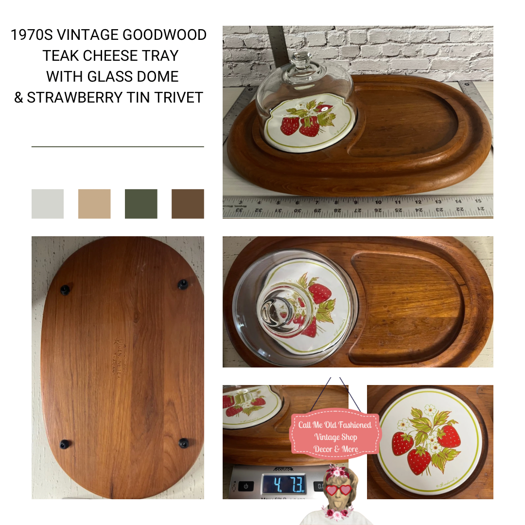 1970s Vintage Goodwood Teak Cheese Tray with Glass Dome & Strawberry Tin Trivet –