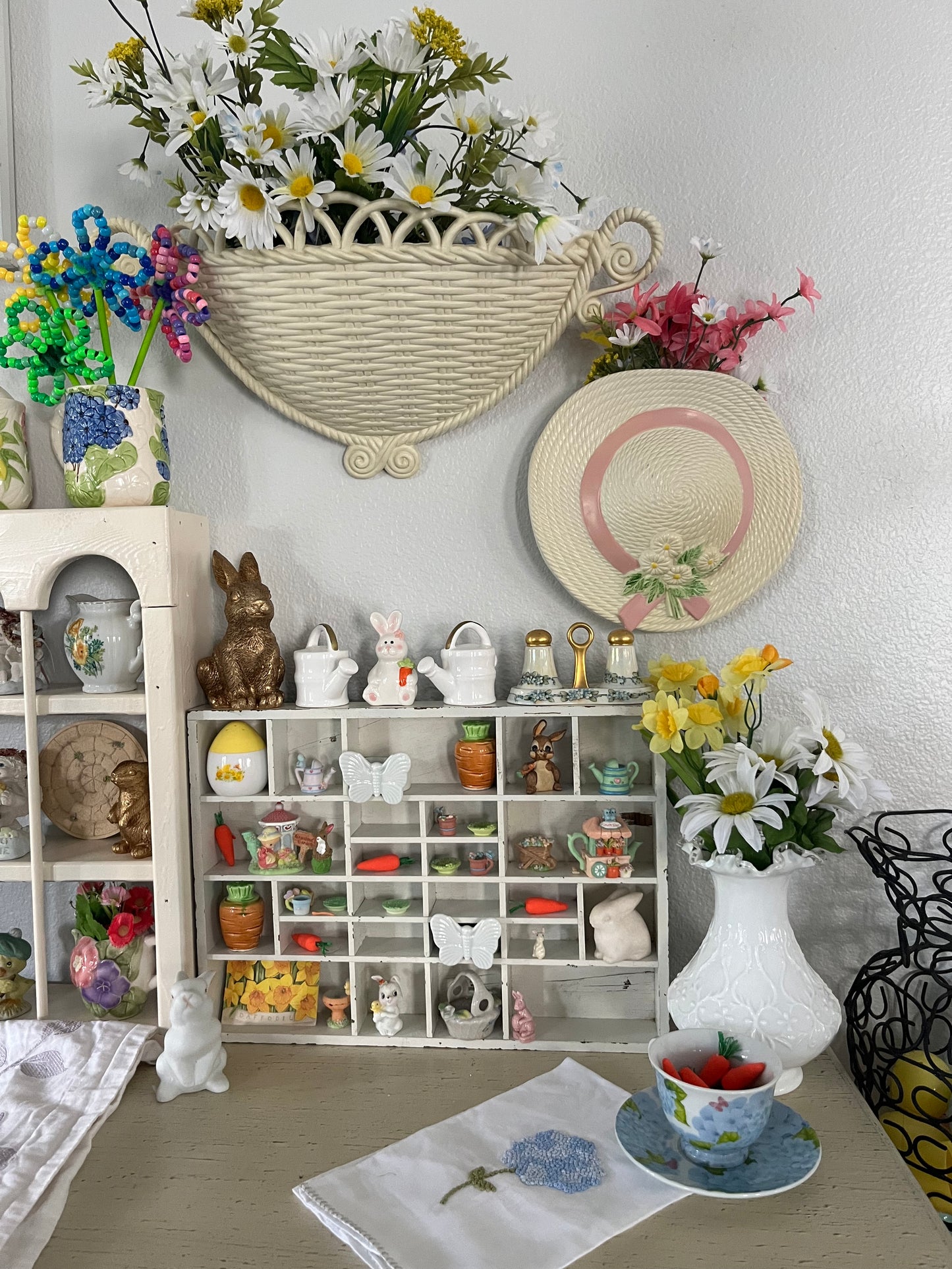 Sweet Vintage Ceramic Bunny with Baby Chick &  Orange Flower - Kitschy Nostalgic Cottage decor