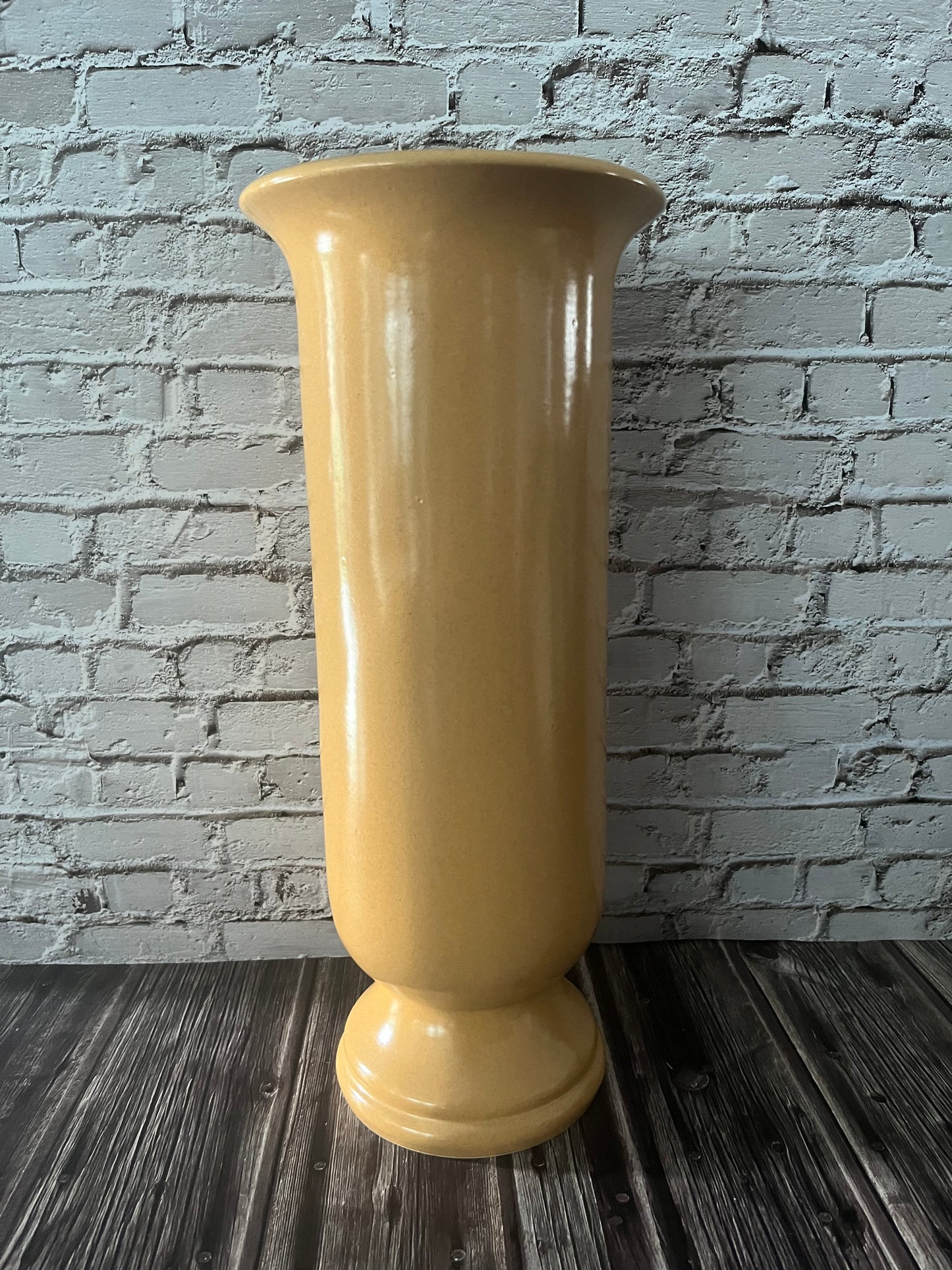 1960’s Bronislaw Wolanin 15” Apricot Yellow Cylinder Vase with Scalloped Pedestal Base – Exclusive Boleslawiec Pottery Design