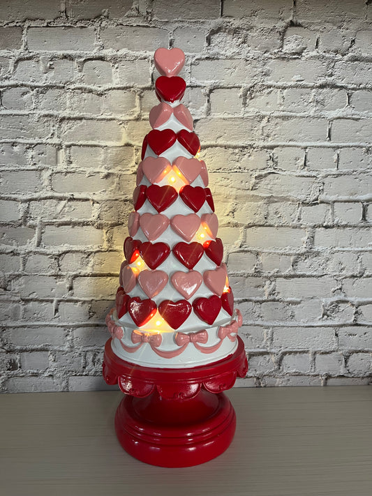 Vintage-Inspired Light-Up Red & Pink Heart Tree on Pedestal