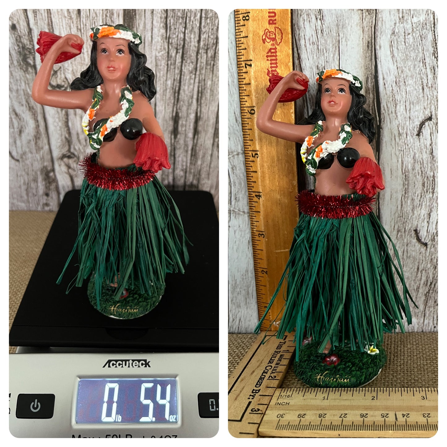 Vintage Aloha Tiki Islands Hawaiian Dashboard Nodder Hula Girl with Natural Grass Skirt & Uli Uli Flower Pom Poms