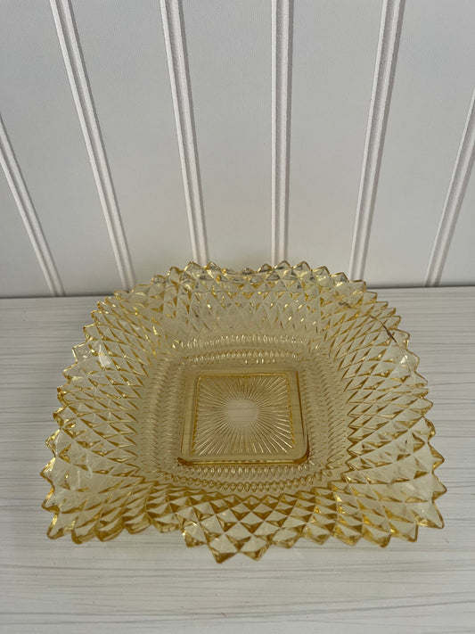 Vintage Mid  Century 1950s Federal Glass Diamond Point Ruffled Edge Yellow Square Candy Dish