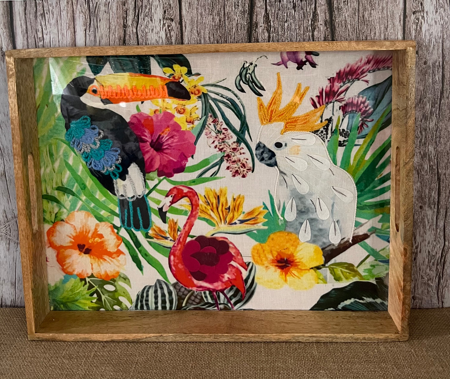 Tropical Birds Hand-Crafted Mixed Media Wooden Tray – Aloha Tiki Tiki Islands Fusion Theme