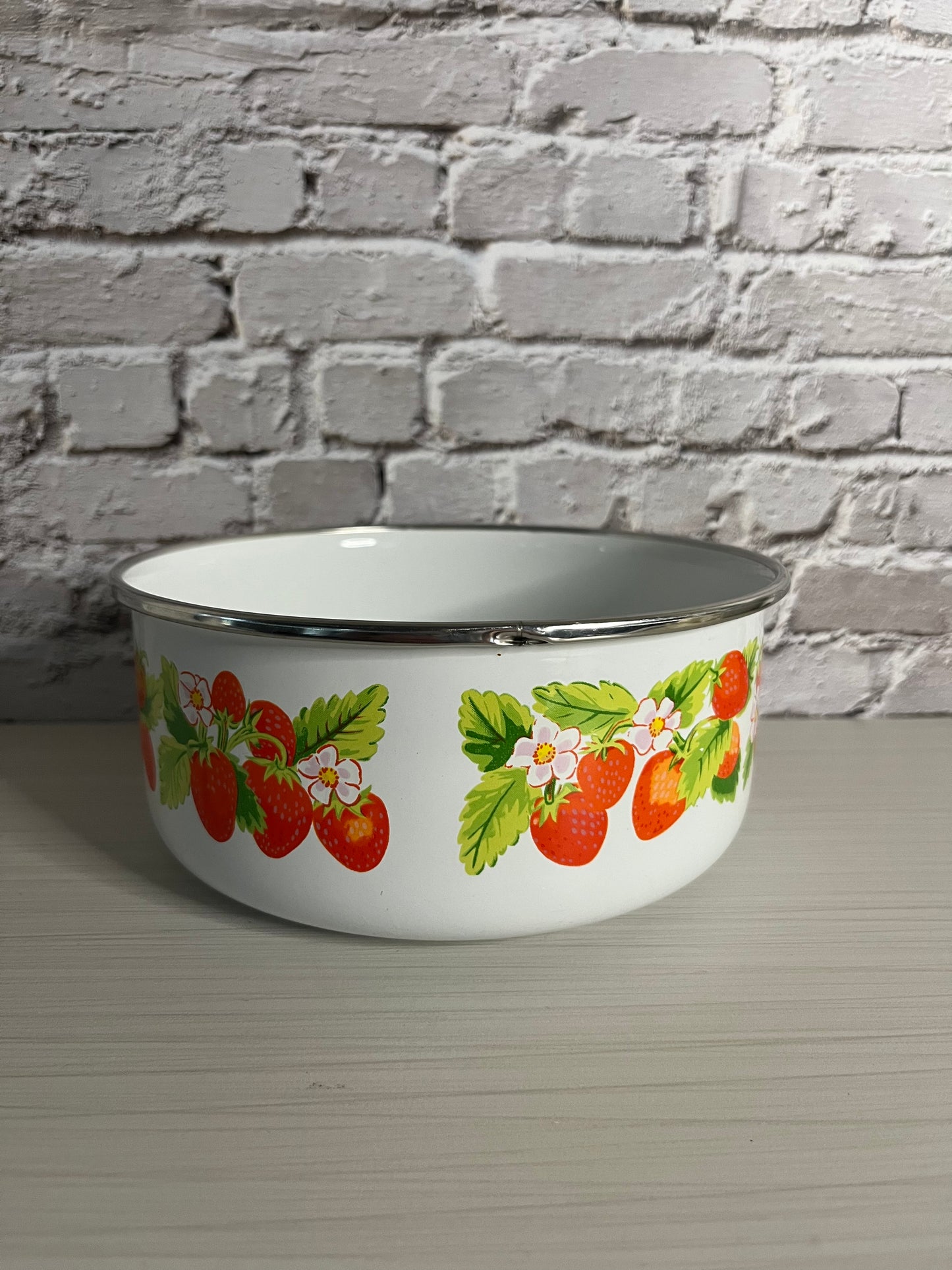 1970s Kobe Kitchen Enamelware Bowl | Strawberry Pattern | Retro Farmhouse Kitchenware