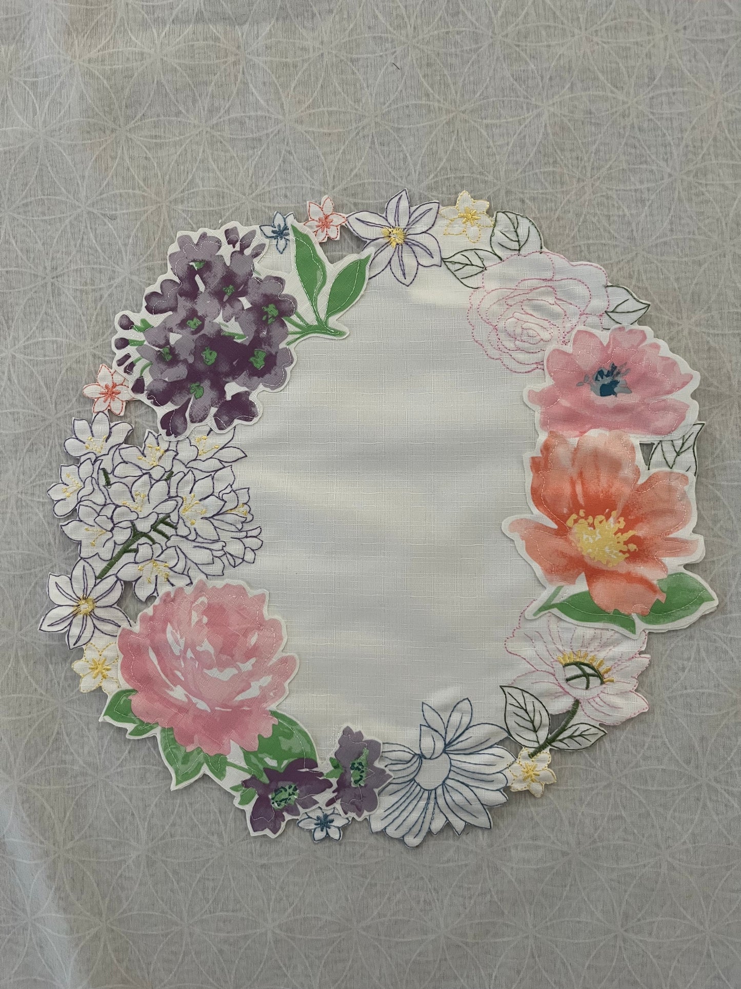 Vintage Floral Cutwork Round Placemat Doily - White & Pink