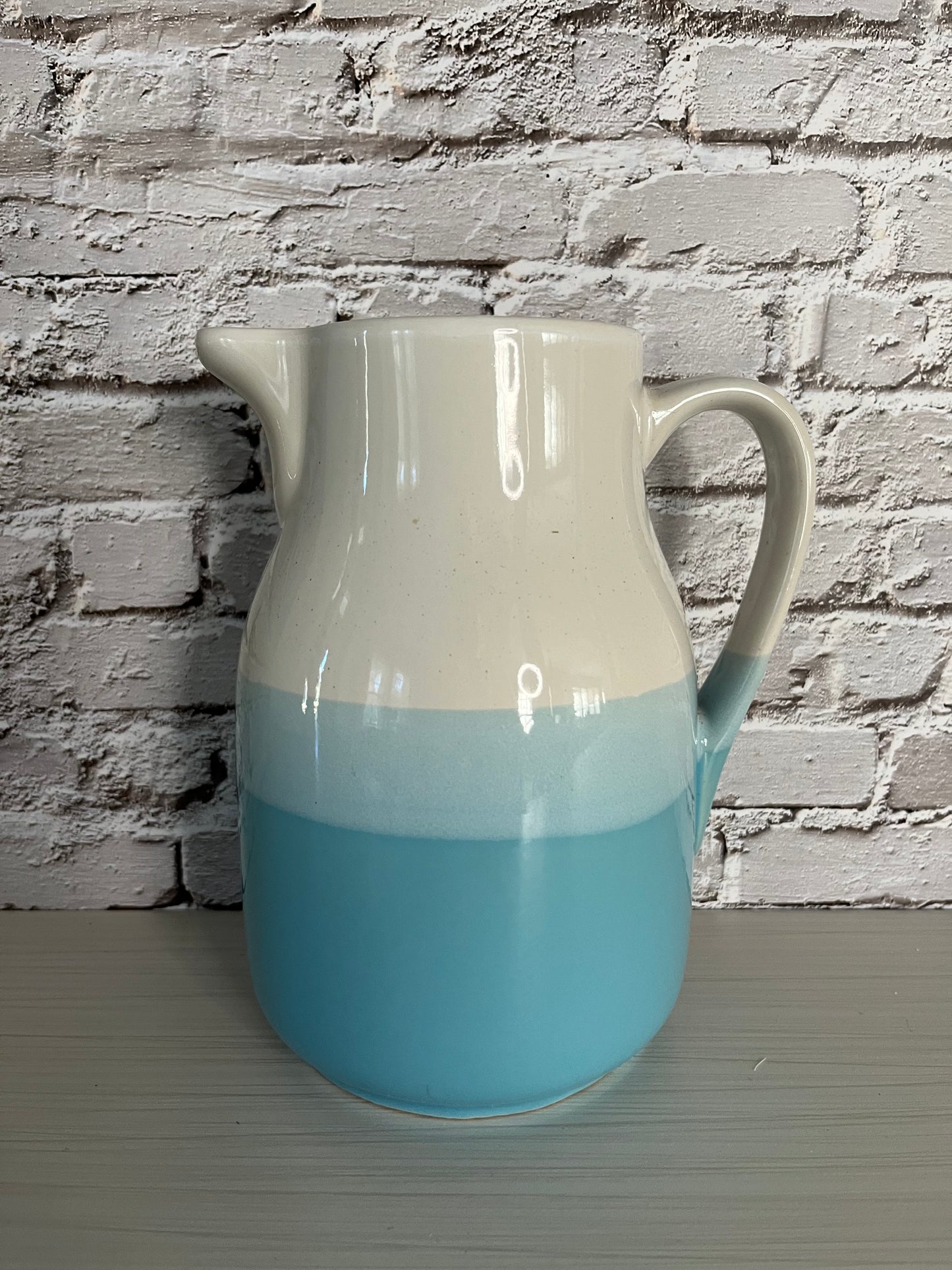 1960s Inspired Dip Glazed Art Pottery Pitcher Jug – Ombré Turquoise Blue & White Ceramic