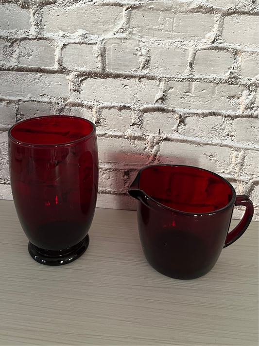 1930s Anchor Hocking Royal Ruby Glass Creamer & Footed Tumbler – Deep Red Glassware