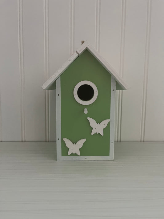 Vintage Style Adorable Small Green Birdhouse with butterfly appliqués