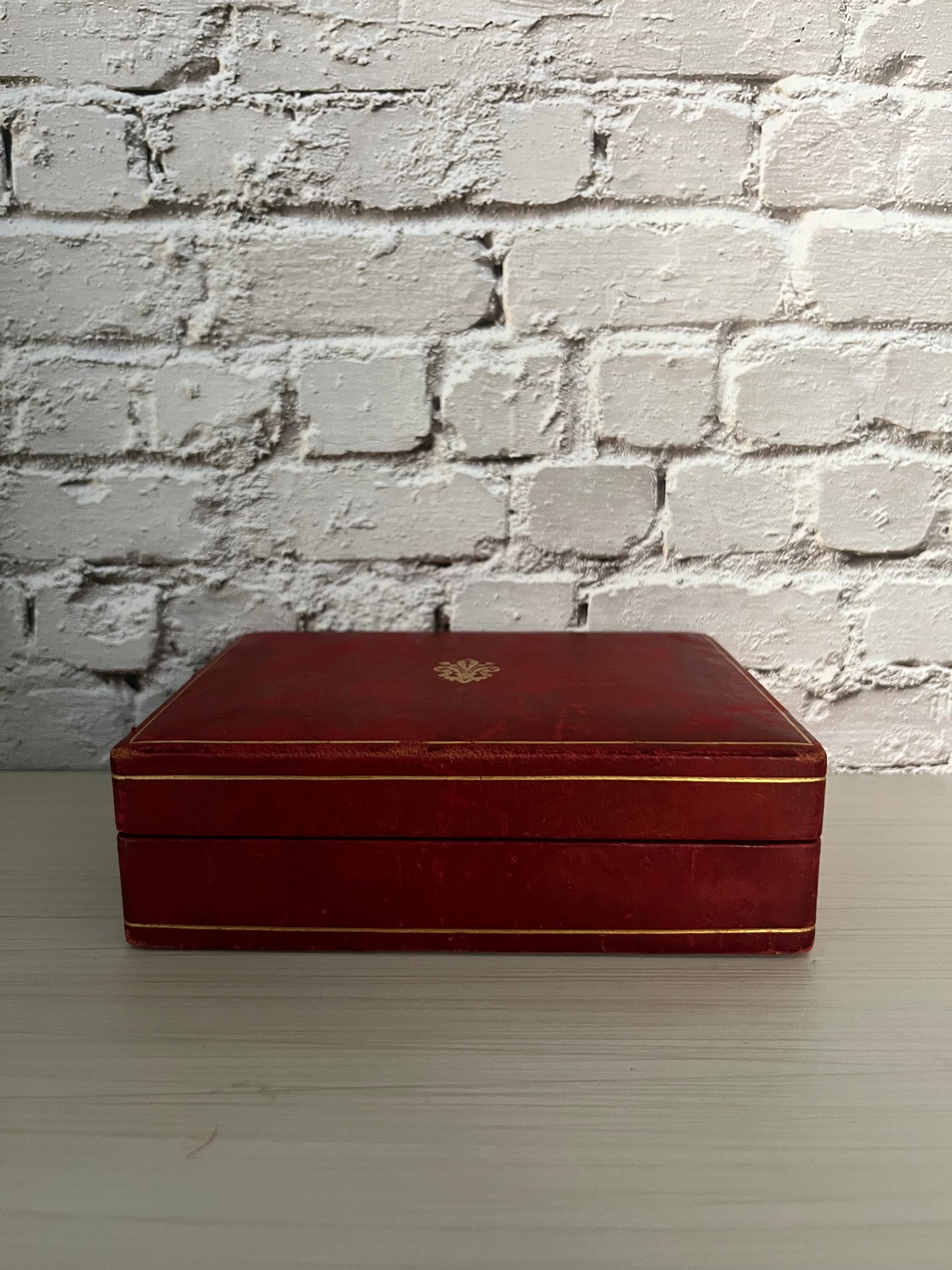 1940s Antique Red Leather Wooden Box with Gold Fleur-de-Lis –