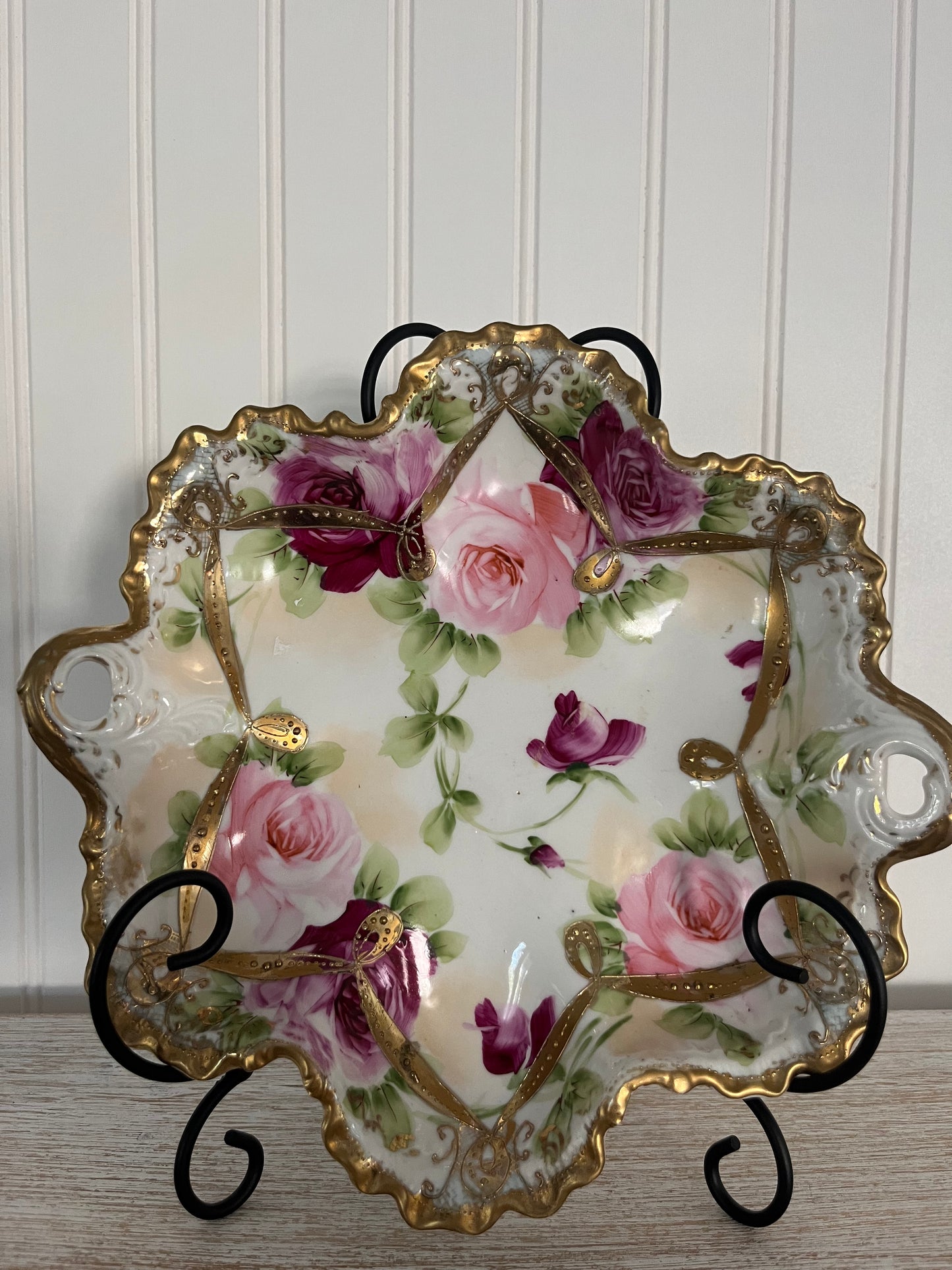 Vintage Circa 1930’s Nippon ~Hand Painted Limoges Roses Bowl, Gold Trim, 9.5”