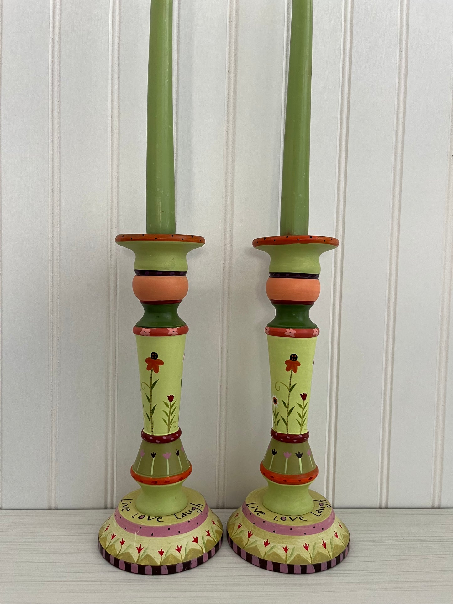 Circa 2005 Tracy Porter Style Hand-Painted Wood Candlesticks - Whimsical Folk Art