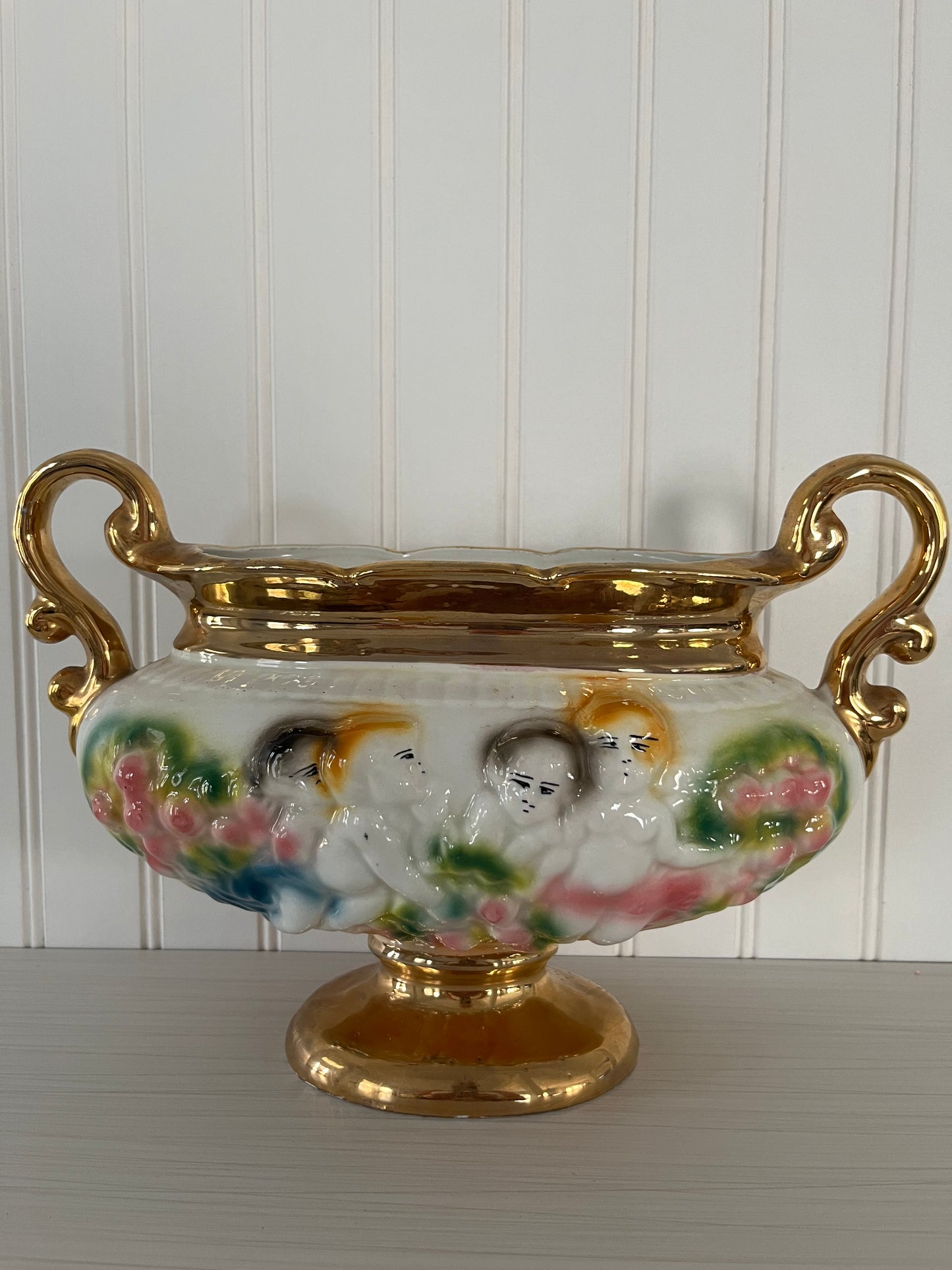 Quirky Neo-Baroque Gold Accented Double Handled Ugly Cherubs Tureen/Urn Pedestal Vase