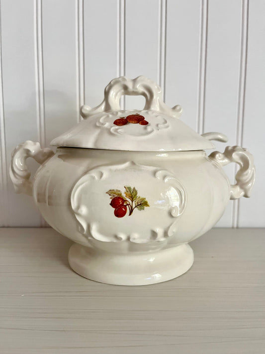 Vintage Classic Fancy Farmhouse Cream Ceramic Covered Casserole Soup Tureen – Rococo Style with Scrolled Double Handles & Fruit Motif – Strawberry & Gooseberry 6.5 x 8 x 7 inches – With Ladle