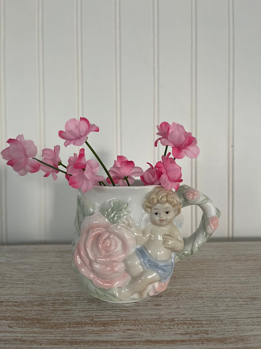 Vintage Avon 1998 Blond Cherub with Pink Roses Mug