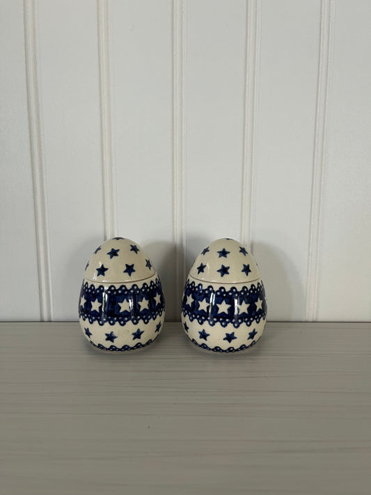 Vintage/Contemporary Polish Pottery Bolesławiec Style Stoneware Egg Shaped Candle holders/Trinket Boxes - Blue Stars & Ribbon Design, Set of 2