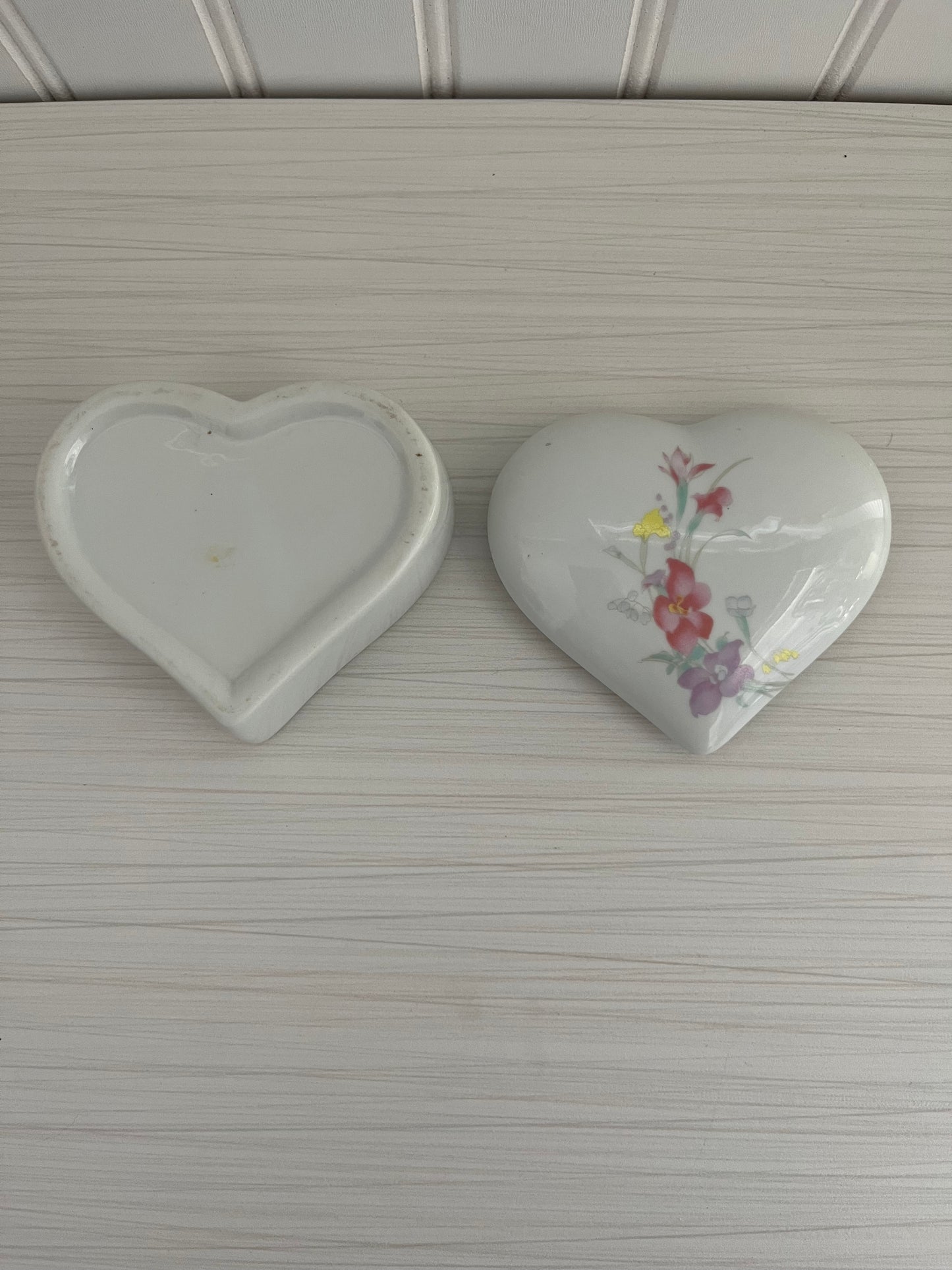 Vintage 1980’s White Ceramic Porcelain Floral Heart Trinket Box with Lid