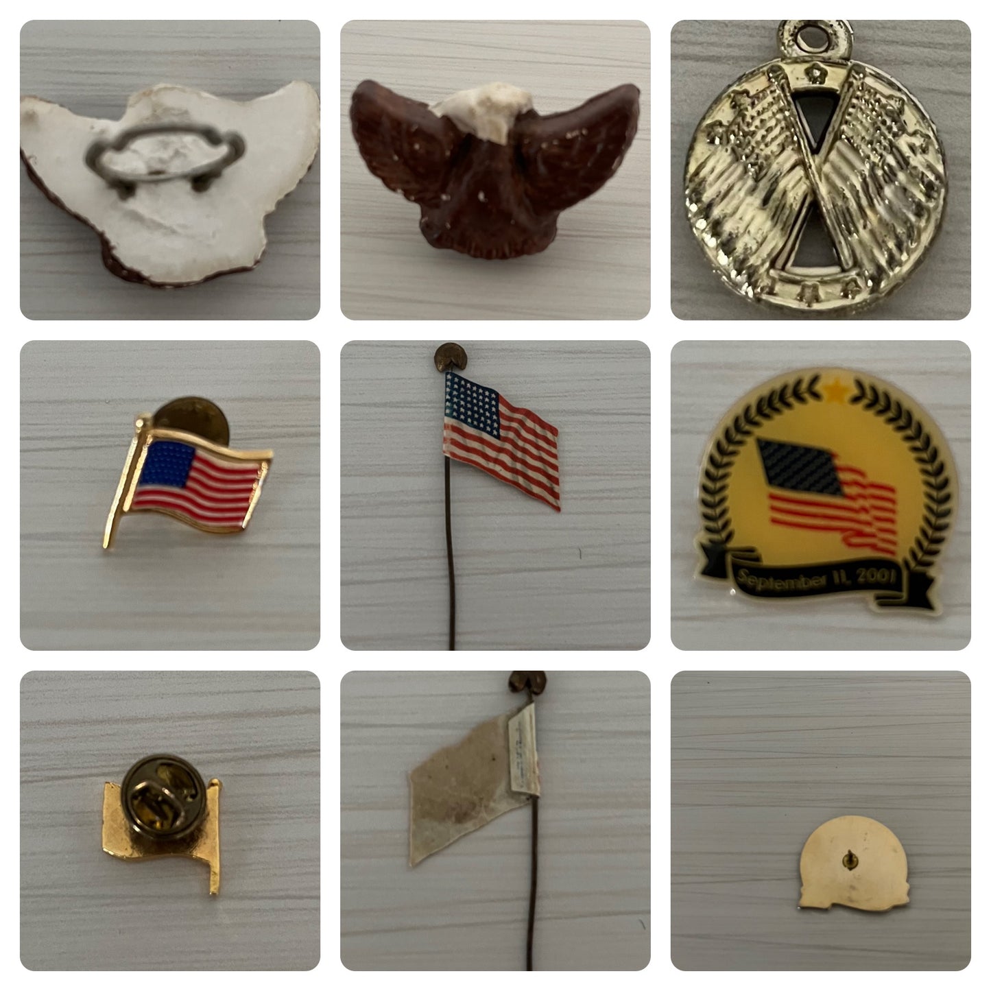 Curated Collection of Vintage and Patriotic Memorabilia: American Flag Pins, Boy Scouts Slide, and More