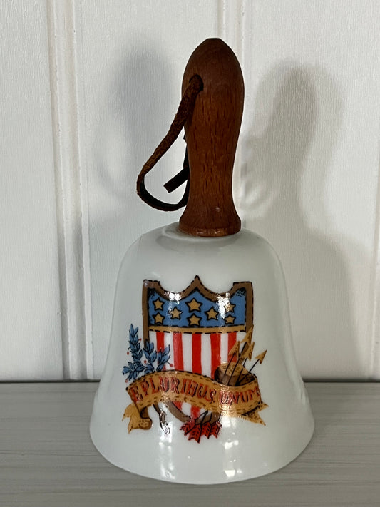 Vintage  Ceramic Liberty Bell with Wooden Handle - 5” U.S. Flag Design