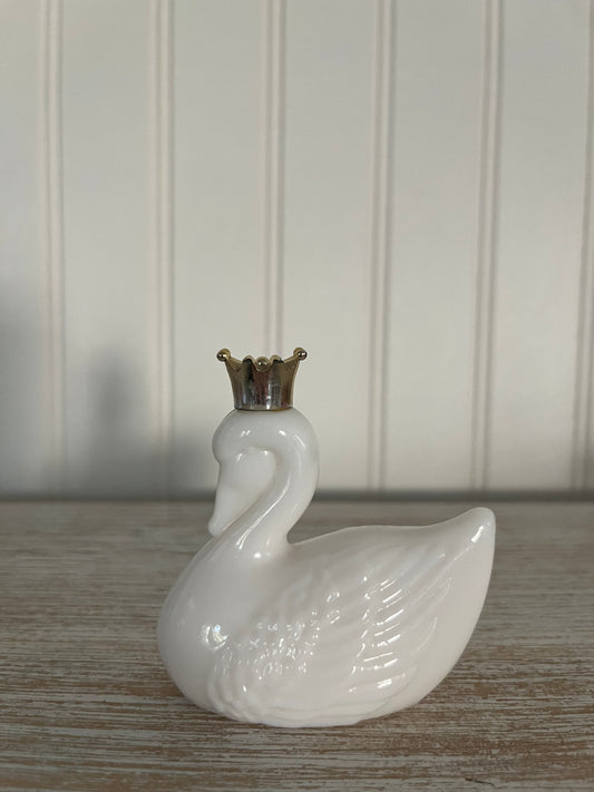 Vintage AVON Royal Swan Bird of Paradise Cologne White milk glass perfume bottle, circa 1974.