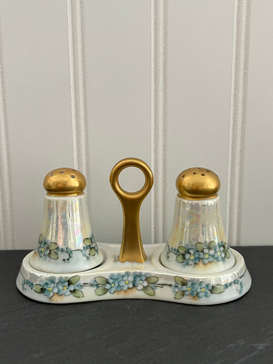 Vintage Early 1900s Lusterware Handpainted Forget-Me-Nots Salt and Pepper Shakers on Carrier, Gold Painted Accents