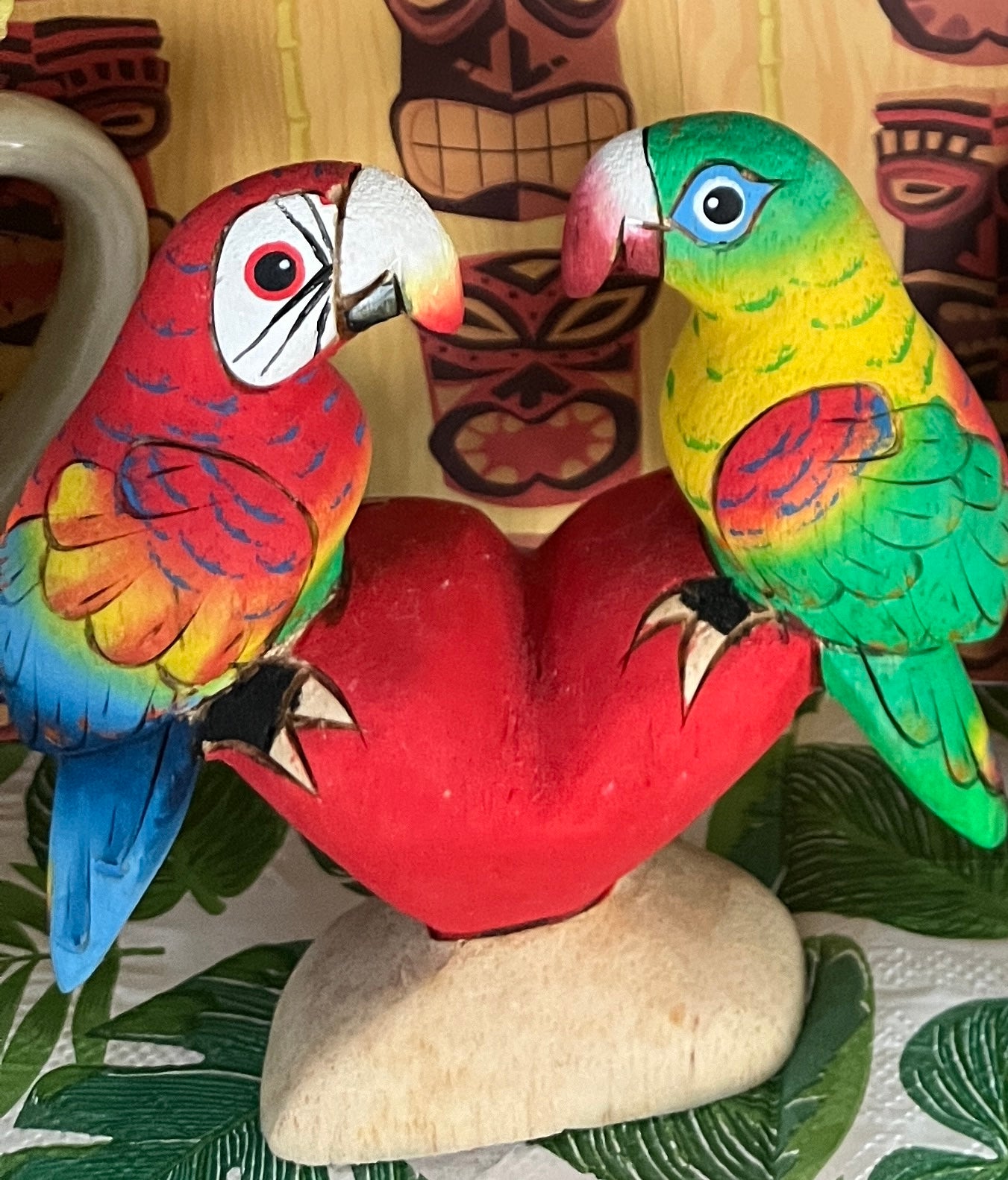 Aloha Tiki Handcrafted Balsa Wood Love Parrots with Heart – Banos Ecuador , Vibrant Colors