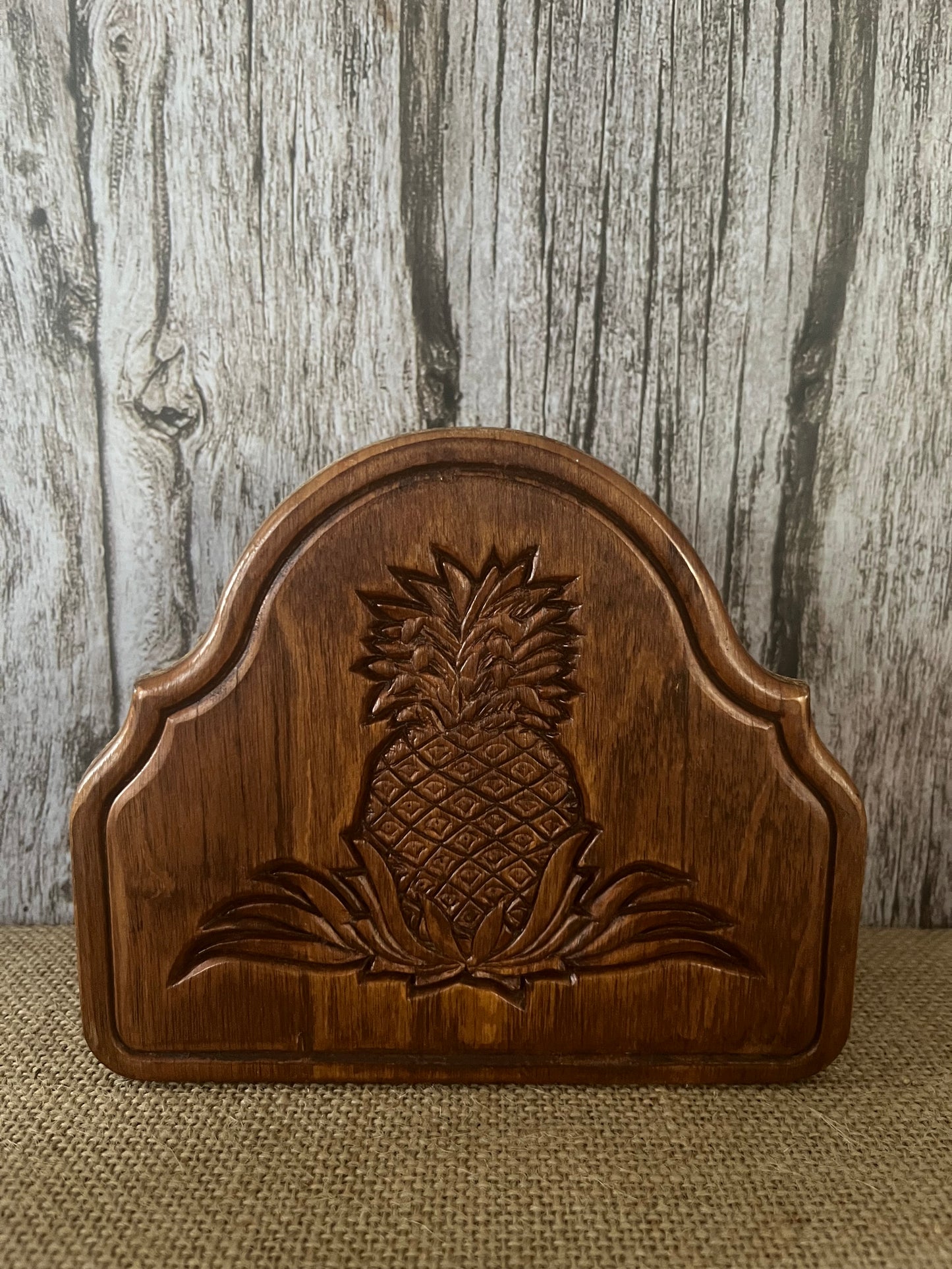 Circa 1970’s Vintage Wooden Pineapple Napkin/Letter Holder with Engraved Pineapple Motif