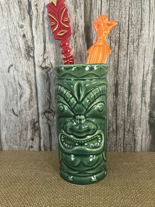 Vintage Green Ceramic Tiki Totem Mug Tumbler - Aloha Tiki Islands Fusion Theme | 2001 Hawaiian Style Collectible