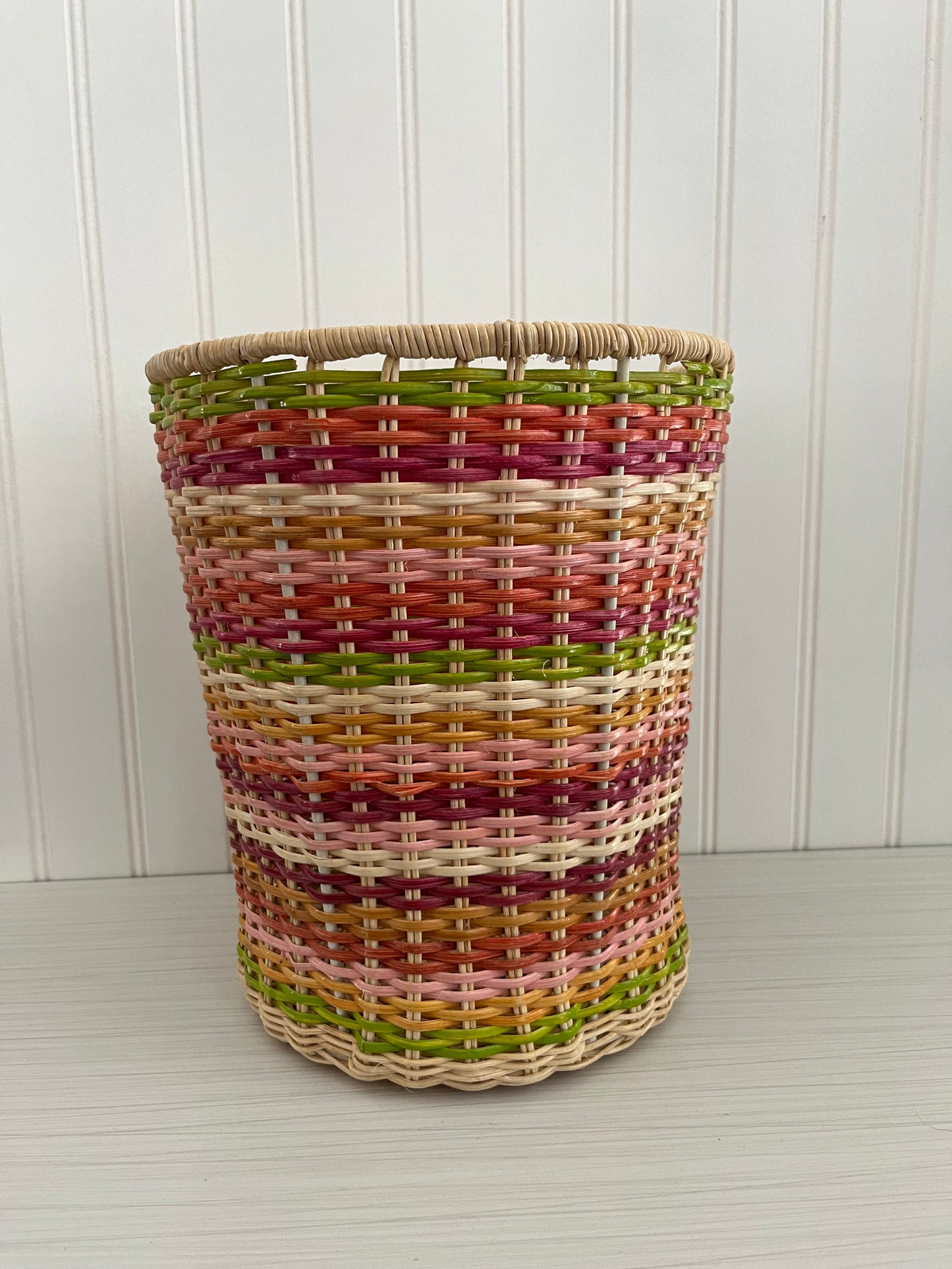 Vintage Multi-Striped Colored Rattan Basket -