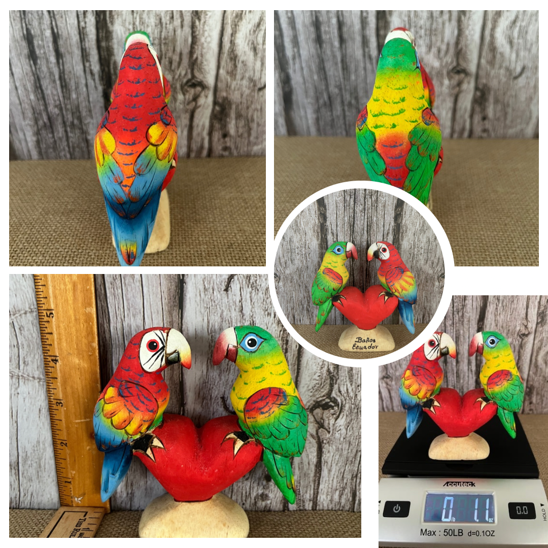 Aloha Tiki Handcrafted Balsa Wood Love Parrots with Heart – Banos Ecuador , Vibrant Colors