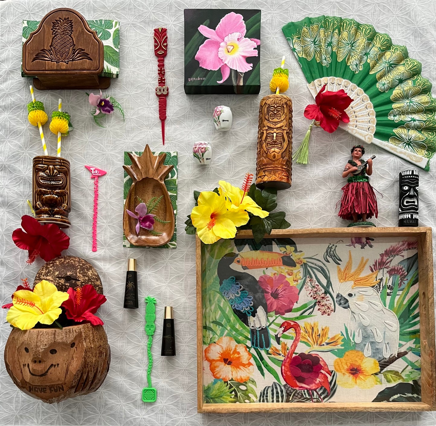 Tropical Birds Hand-Crafted Mixed Media Wooden Tray – Aloha Tiki Tiki Islands Fusion Theme